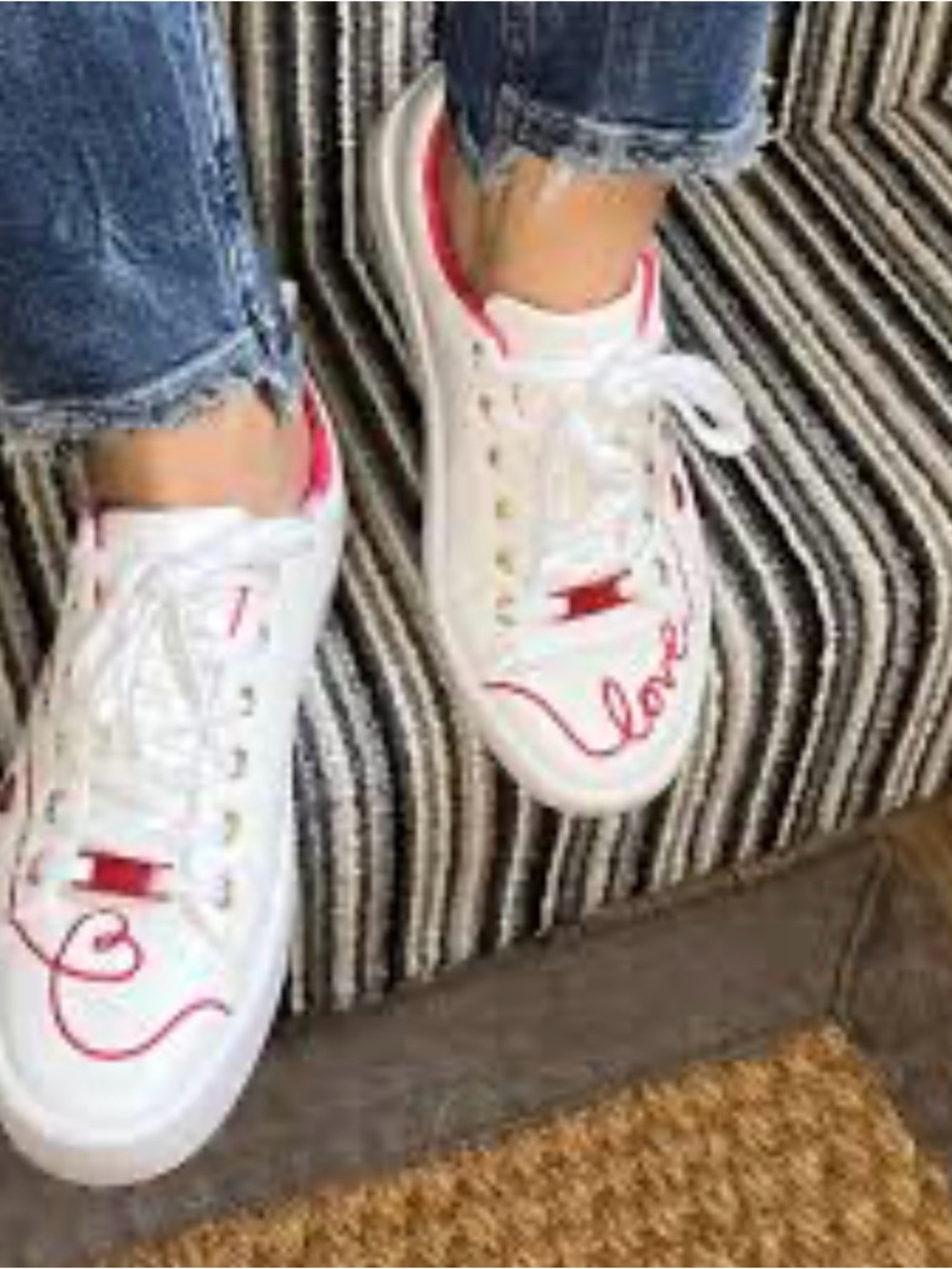 White and Pink Women's Casual Sneakers with Red Script Detail
Used twice